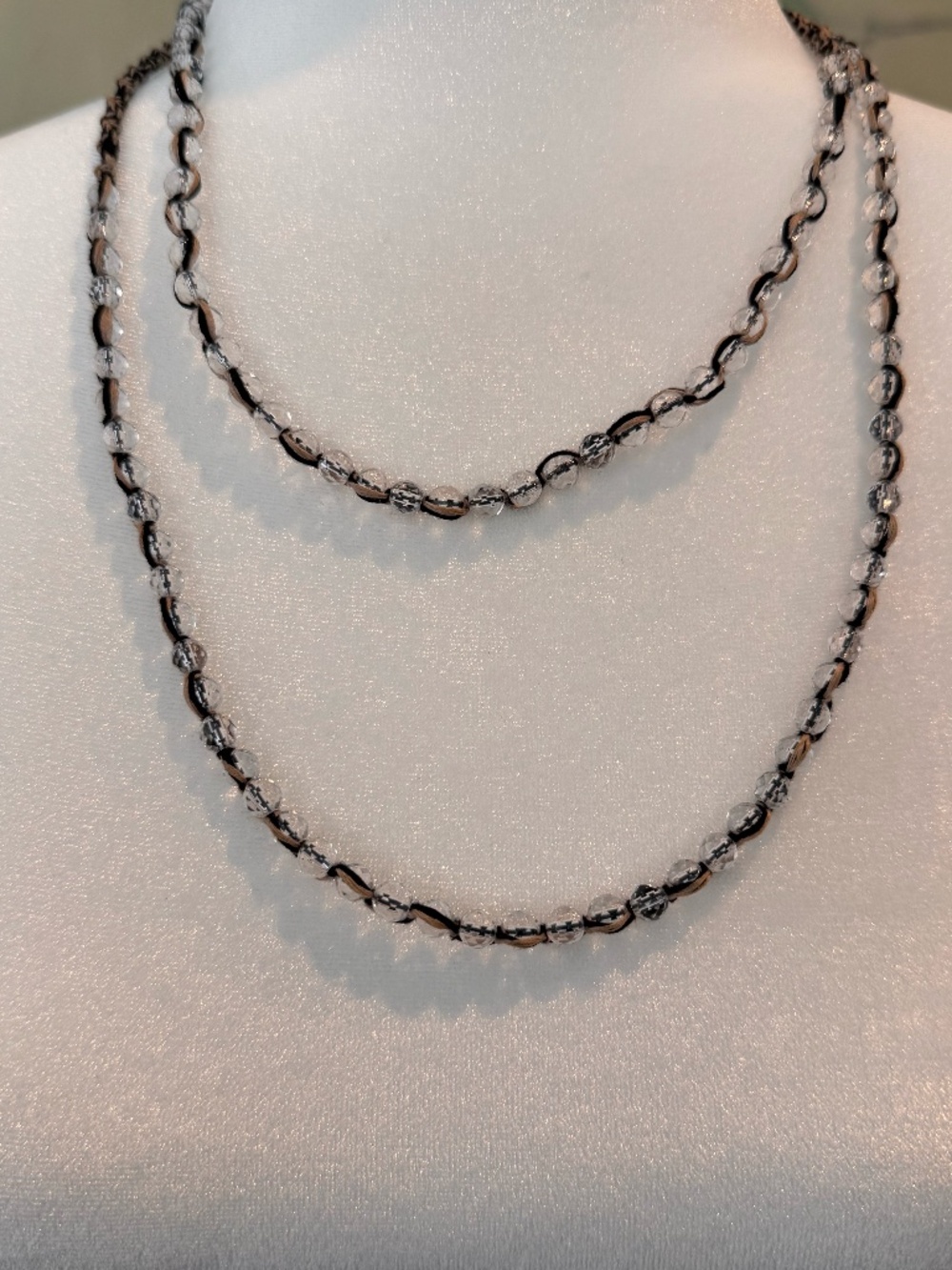 Chan Luu Crystal Necklace or Wrap Bracelet with Black & Tan Cords